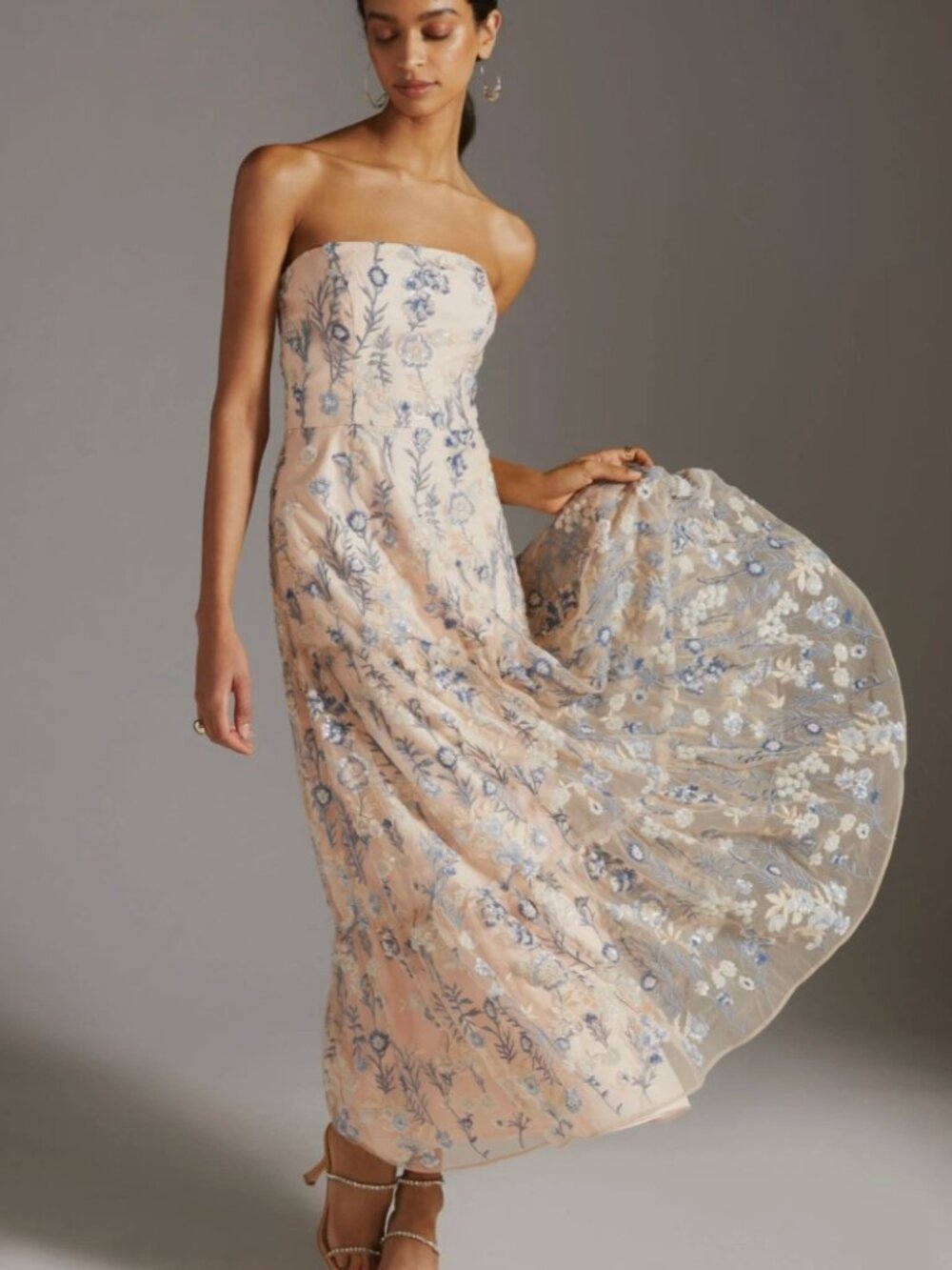 Anthropologie SHOSHANNA Strapless Mesh Floral Sequin Dress